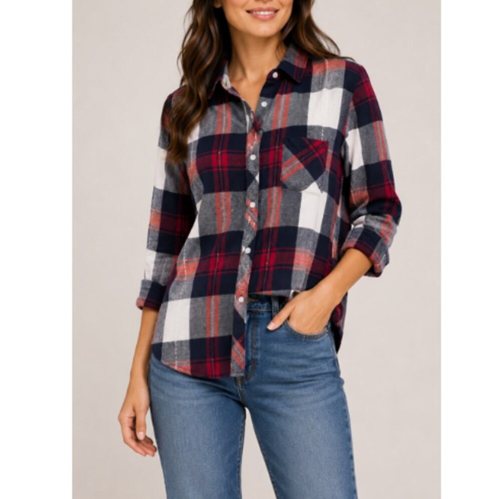 New Rails Women's White Indigo Blush Plaid Hunter Button Down Shirt Size Medium